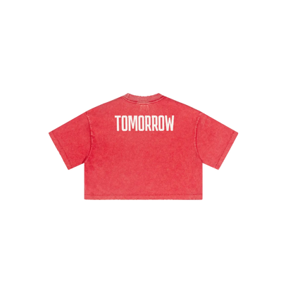 230GSM Women’s Cool-Touch Cropped High-Street Color Retro Snow-Wash T-shirt Red