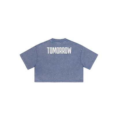 230GSM Women’s Cool-Touch Cropped High-Street Color Retro Snow-Wash T-shirt Washed Blue