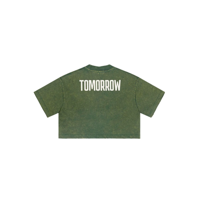 230GSM Women’s Cool-Touch Cropped High-Street Color Retro Snow-Wash T-shirt Dark Green