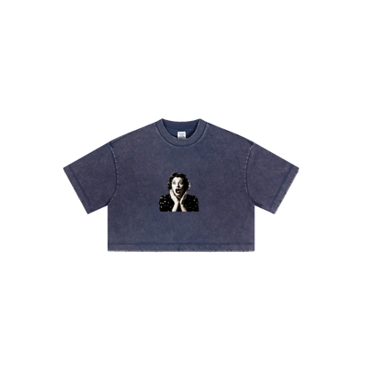 230GSM Women’s Cool-Touch Cropped High-Street Color Retro Snow-Wash T-shirt Royal Blue