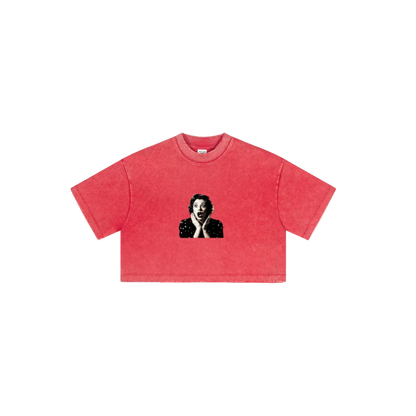 230GSM Women’s Cool-Touch Cropped High-Street Color Retro Snow-Wash T-shirt Red
