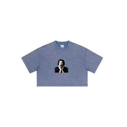 230GSM Women’s Cool-Touch Cropped High-Street Color Retro Snow-Wash T-shirt Washed Blue