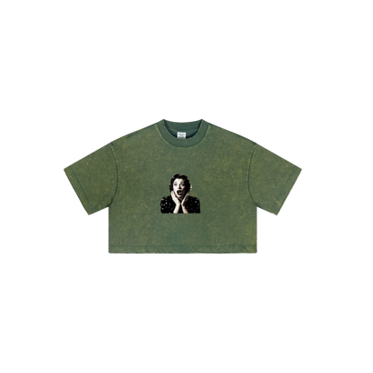 230GSM Women’s Cool-Touch Cropped High-Street Color Retro Snow-Wash T-shirt Dark Green