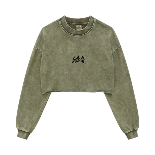 380GSM Women’s Heavyweight Distressed Snow-Wash Raw-Hem Cropped Long sleeve Olive green
